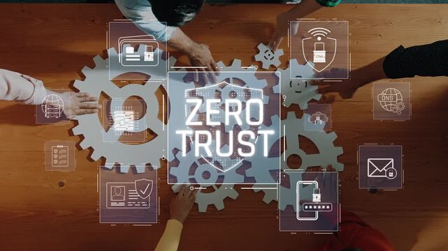 A group of professionals collaborates over cogs and gears while discussing zero trust security principles, highlighting innovation and teamwork in technology solutions. Raster