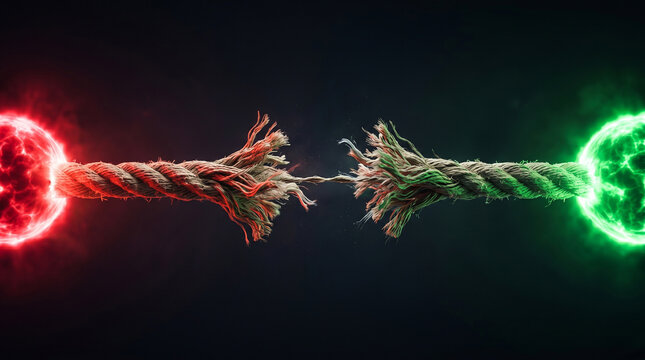 Conflict and stress concept showing a frayed rope breaking under tension