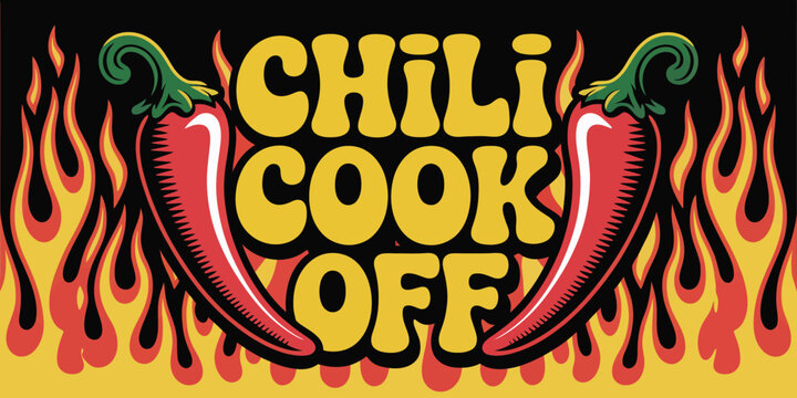 Chili cook off banner, vibrant spicy food festival vector featuring hot chili peppers flames and lava style graphics for promotional poster design.