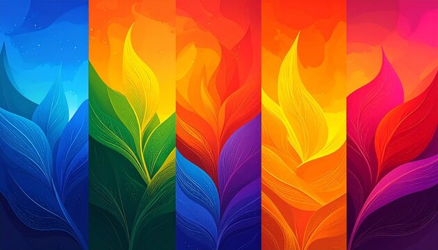Abstract background with a blend of five vibrant colors, smooth gradients, soft transitions, gaussian blur effect, dreamy and modern aesthetic, high resolution