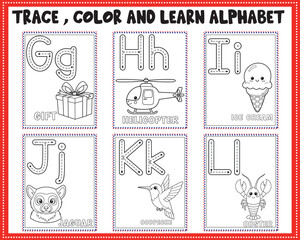 ABC alphabet tracing and coloring worksheet for kids printable, trace color and learn letters Gg Ll with,gift preschool kindergarten handwriting practice activity pages for early education learning © Hurjahan Khatun