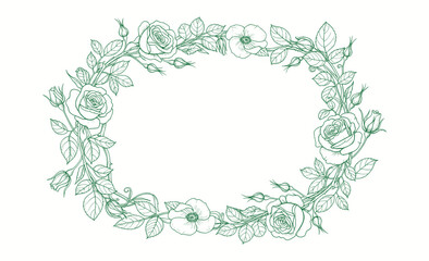 Fototapeta premium Floral frame. Hand drawn sketch of roses, leaves and branches Detailed vintage botanical illustration