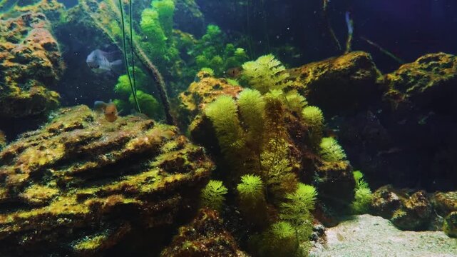 Footage of a group of vibrant yellow Labidochromis caeruleus cichlid fish, also known as Electric Yellow Cichlids, swimming gracefully among rocks in a freshwater aquarium.