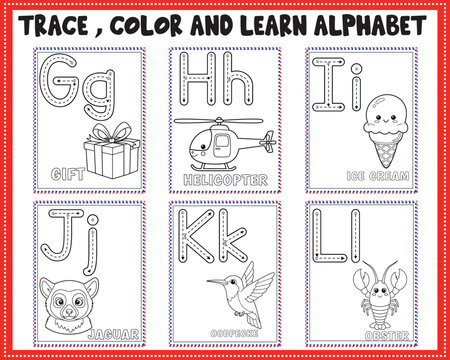 ABC alphabet tracing and coloring worksheet for kids printable, trace color and learn letters Gg Ll with,gift preschool kindergarten handwriting practice activity pages for early education learning