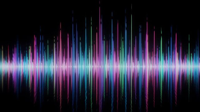 Neon audio spectrum visualizer pulsing, vibrant colors on dark background, dynamic sound waves, rhythmic motion, glowing lines, 4K video