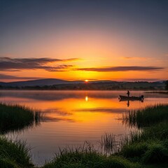 Obraz premium Serene Sunset Over Calm Lake with Silhouette Boat.