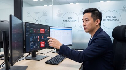 Obraz premium Compliance officer analyzing data on dual monitors in a modern office environment with a focus on ethical compliance and risk management