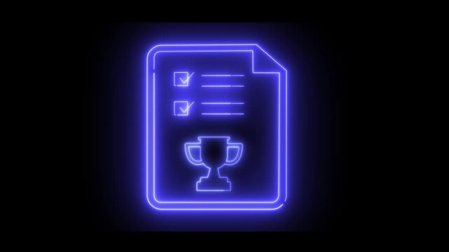 Neon light effect animation of a document icon with a checklist and a trophy. Ideal for business themes, success, and achievements.