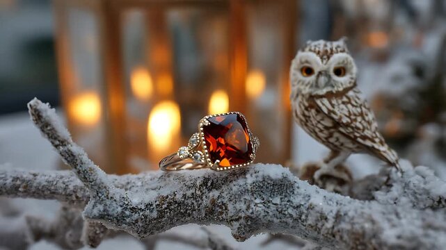 Luxurious gemstone ring nestled on a snowy branch with an owl figurine illuminated by warm festive bokeh lights for a romantic winter theme