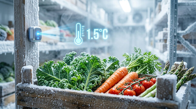 Digital temperature sensor monitoring fresh kale, carrots, and tomatoes in a frosty cold storage warehouse at 1.5 degrees Celsius for food safety and cold chain management.