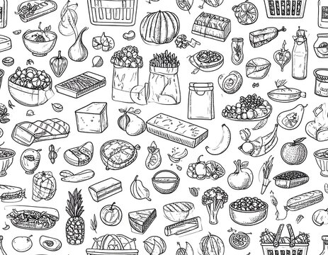 Black and white food pattern vegetables fruits and grocery items