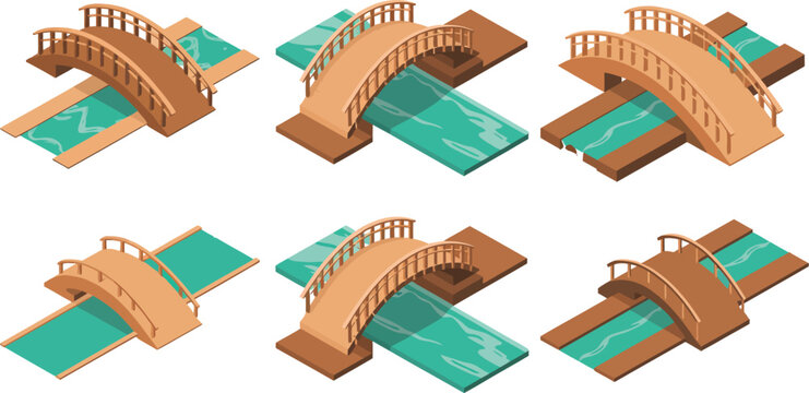 Stream, and bridge isometric illustrations featuring wooden bridges over rivers and streams, vector graphics for games urban planning and nature themed design.
