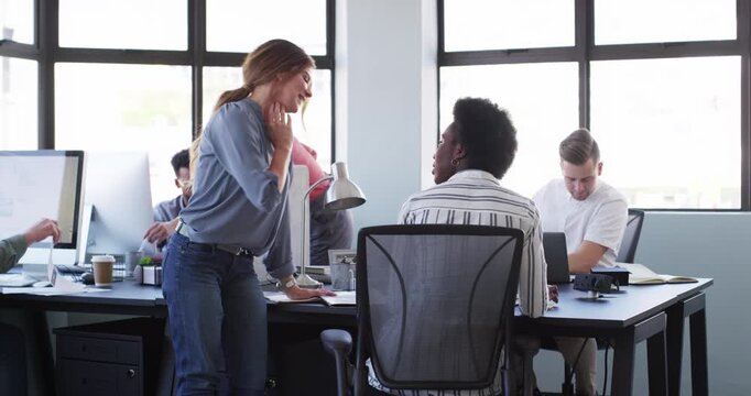 Coworking office, paperwork and professional people cooperation on startup company sales info, feedback or portfolio report. Business agency partner, documents folder and women review research data