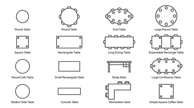 Various Table Shapes and Seating Arrangements Icons.