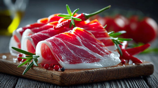 Parma ham slice cured meat rosemary chili pepper wooden board
