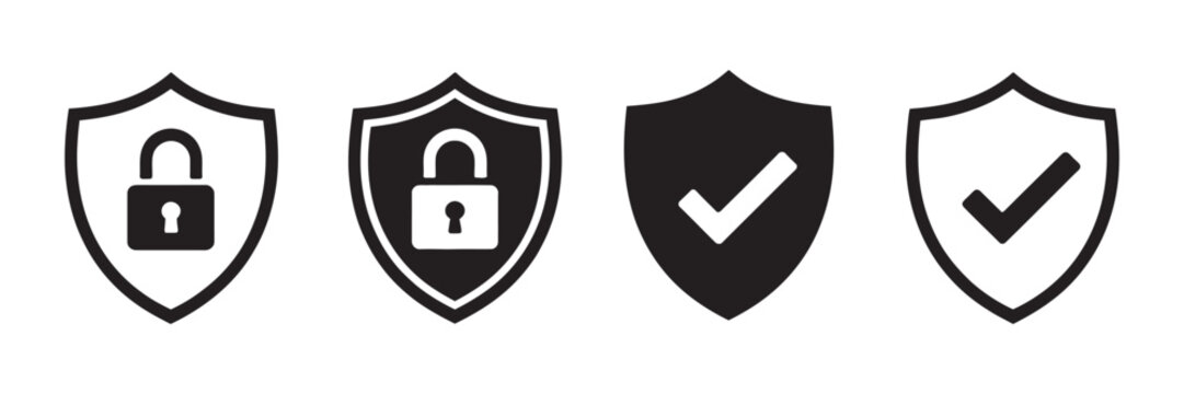Security shield icon set with check mark and padlock symbols, cybersecurity protection and verified safety concept, shield logotype designs, clean modern vector illustration