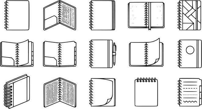 Office  Education Stationery Notebooks Vector Icon Set. Black  White Line Art Collection of Spiral Journals, Planners, Notepads, and Binders for Business  School.