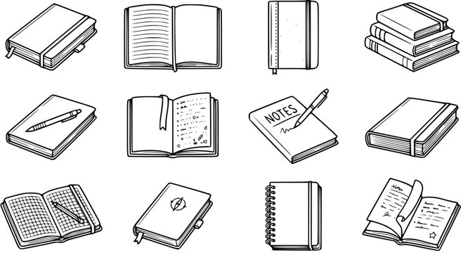 Education and Office Stationery Set: Hand-drawn Black  White Line Art Books, Notebooks, and Pens for Study  Writing