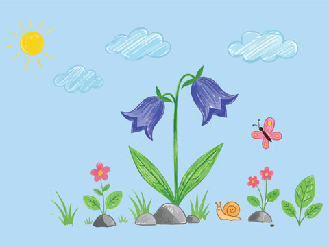 Charming spring illustration of bluebell flowers, butterflies, and garden snails under the sun