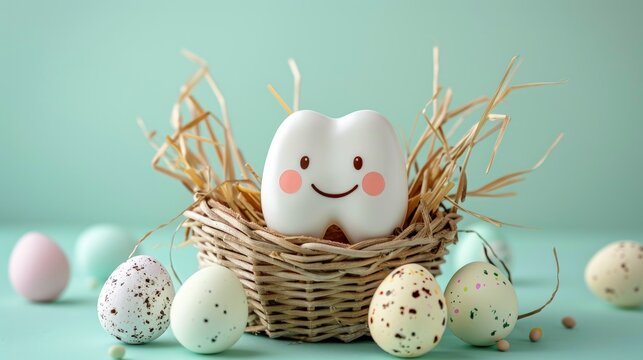 Molar tooth figurine smiling in a rustic nest with speckled eggs for pediatric dental clinic holiday marketing