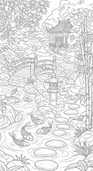Fototapeta premium Serene Japanese Garden Scene with Koi Fish and Bridge.