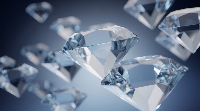 Sparkling Cut Diamonds Floating on Soft Blue Background