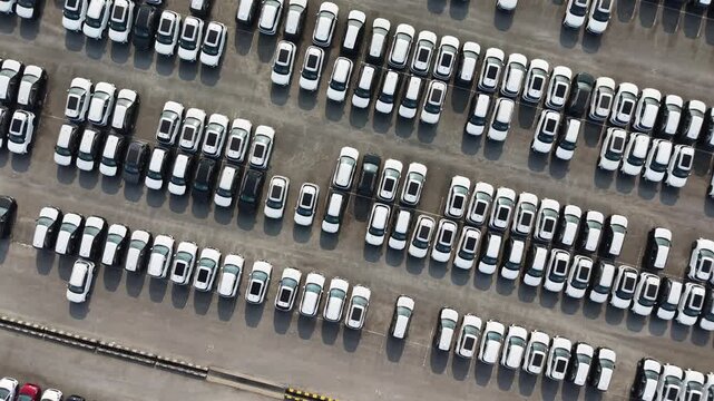 Aerial View Of Cars Parked At Manufacturing Unit Ready For Delivery
