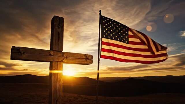 Sunset silhouette of cross and american flag waving in slow motion cinematic footage