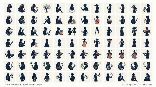 Minimalist female silhouette collection, 84 hand drawn woman icons, artistic lady figures in various poses, navy blue and terracotta vector set