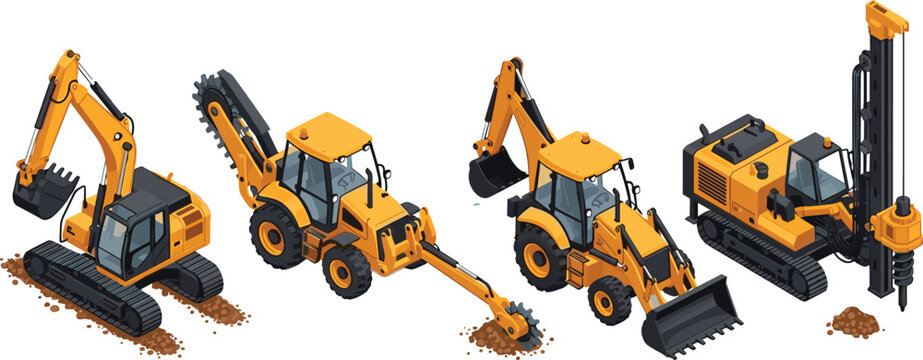 Isometric construction machinery set featuring excavator backhoe loader trencher and drilling rig heavy equipment vector illustration isolated design industrial concept