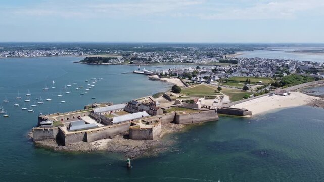 Aerial orbit of Port-Louis citadel in Brittany France