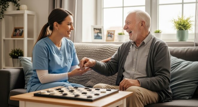 Senior Man Playing Checkers with a Caring Nurse in Home.