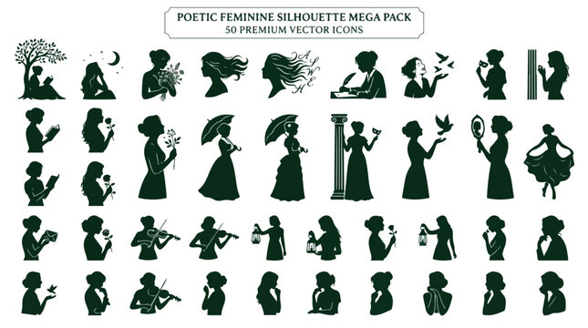 Poetic feminine silhouette mega pack, 50 premium vector icons of elegant women, vintage lady silhouettes for branding and logo design
