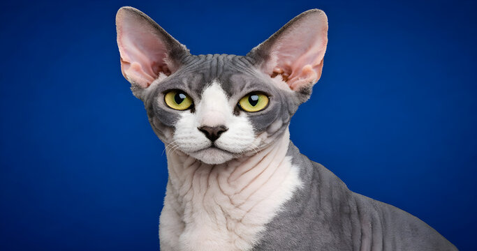 hairless cat with yellow eyes and blue background