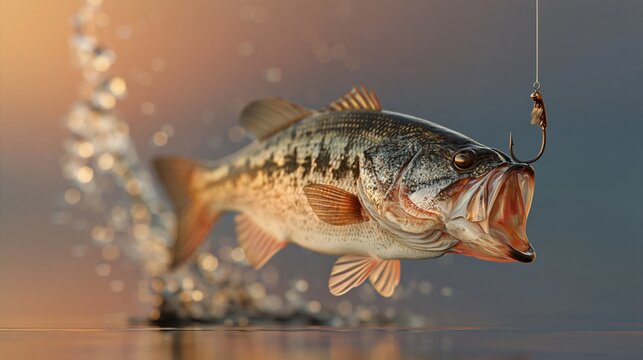 Largemouth bass fish jumping out of water with a fishing hook and bait visible, splashes of water surrounding it against a blurred sunset background