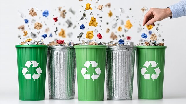 Hand placing waste into green recycling bin among multiple bins for sorting trash, with colorful paper and plastic waste flying above in a clean indoor setting