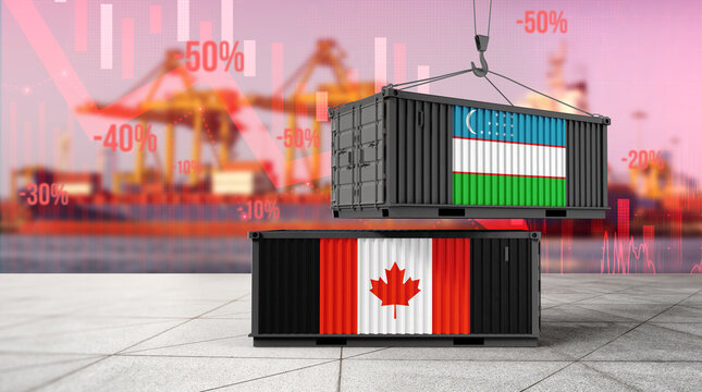 Trade Dynamics: A visual metaphor of global trade, with shipping containers emblazoned with national flags symbolizing international commerce, juxtaposed against a backdrop of financial indicators.