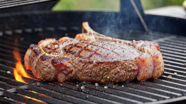 Juicy Tomahawk Steak Sizzling on a Hot Grill with Flames.