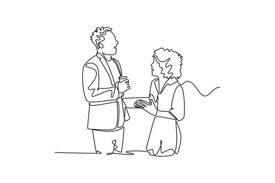 laughing multicultural causal businesspeople standing at enterprise office. Diverse multicultural cooperation concept. Single line draw design. Vector graphic illustration