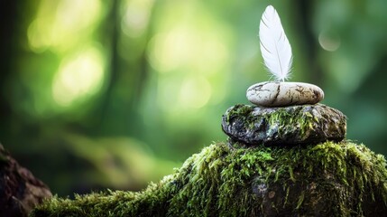 Obraz premium White feather balanced on smooth river stones in a mossy forest setting with sharp focus and beautiful bokeh for wellness and spa branding