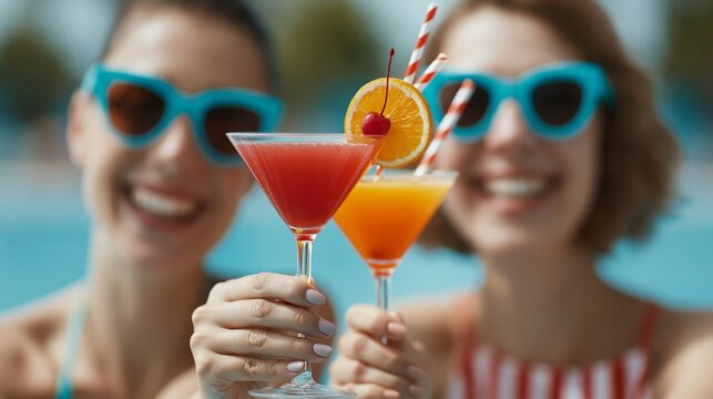 Two smiling women in blue sunglasses hold colorful cocktails with fruit garnishes, enjoying a sunny day by the poolside with a blurred background of water