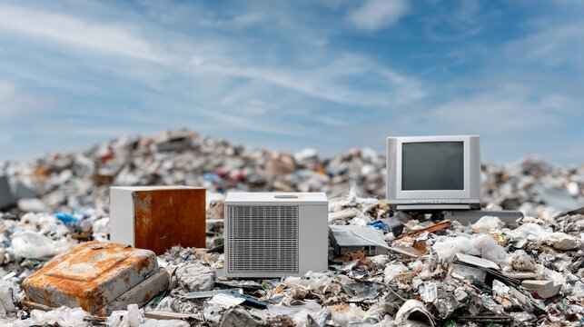 Pile of electronic waste including old television, air conditioner, and discarded appliances on a landfill under a clear blue sky