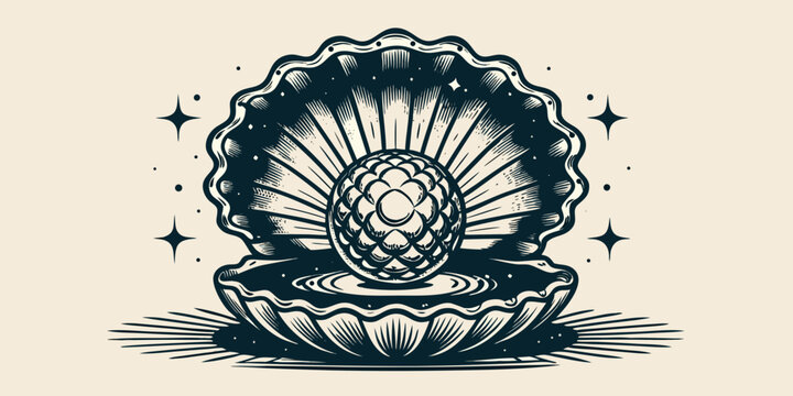 oyster shell with pearl inside artistic illustration