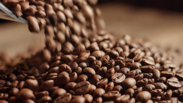 Closeup shot of roasted coffee beans pouring onto a wooden surface.
