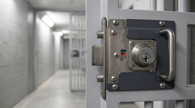 Steel prison cell door lock under fluorescent light in gray detention corridor symbolizing