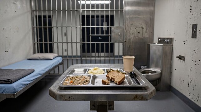 Prison cell interior with metal food tray and simple meal under fluorescent lighting