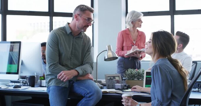 Coworking office, documents and business people collaboration, discussion and teamwork on project portfolio. Relax conversation, folder and staff consulting on research, ideas or creative agency plan
