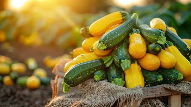 Fresh zucchini harvest piled on burlap in a sunny vegetable field featuring golden hour light and sharp focus for culinary marketing