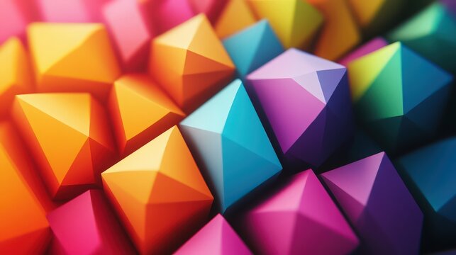 Vibrant low poly 3d geometric shapes in rainbow colors abstract background with glossy multi colored polygons