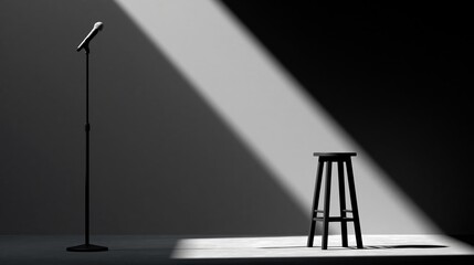 Naklejka premium Microphone on a black stand positioned next to a wooden stool illuminated by dramatic lighting on a dark stage with shadows creating a minimalist atmosphere